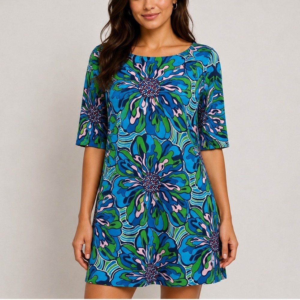 Lilly Pulitzer Cassie T-Shirt Dress Teal Blue Green Floral 3/4 Sleeve Size Small